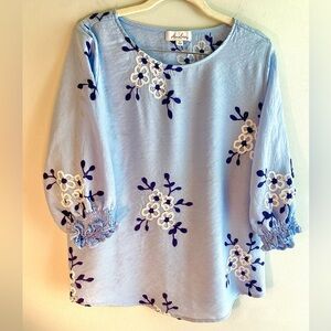 Light Blue Embroidered Floral Blouse by Anthropologie-style |L